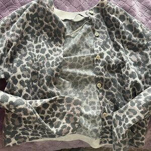 Mango Leopard Print Cardigan - Gray and Cream